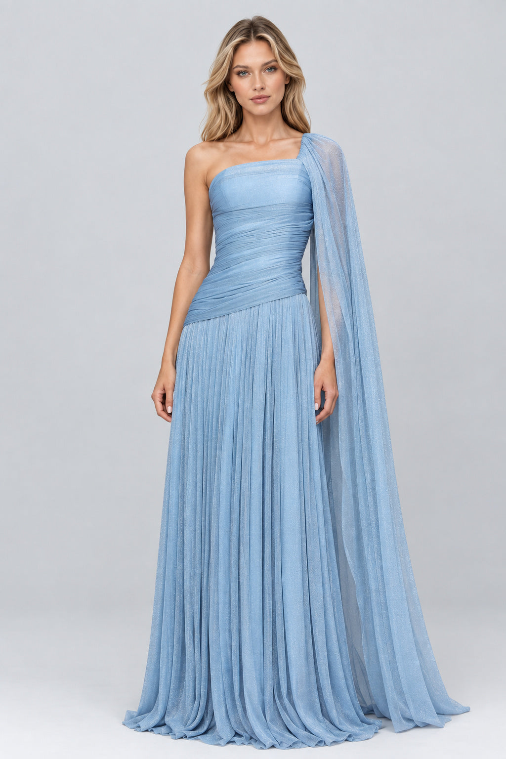 Elorine One Shoulder Ruched Glitter Tulle Maxi Dress with Cape - Blue_-_selmori.com_-_01