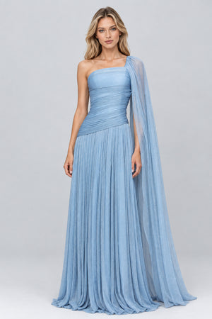 Elorine One Shoulder Ruched Glitter Tulle Maxi Dress with Cape - Blue_-_selmori.com_-_01