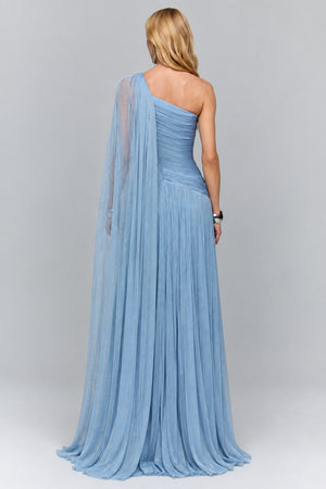 Elorine One Shoulder Ruched Glitter Tulle Maxi Dress with Cape - Blue_-_selmori.com_-_02