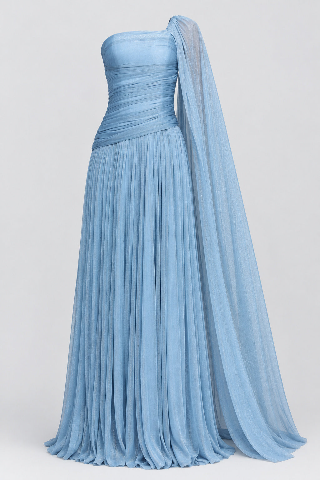 Elorine One Shoulder Ruched Glitter Tulle Maxi Dress with Cape - Blue_-_selmori.com_-_03