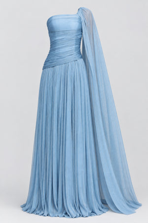 Elorine One Shoulder Ruched Glitter Tulle Maxi Dress with Cape - Blue_-_selmori.com_-_03