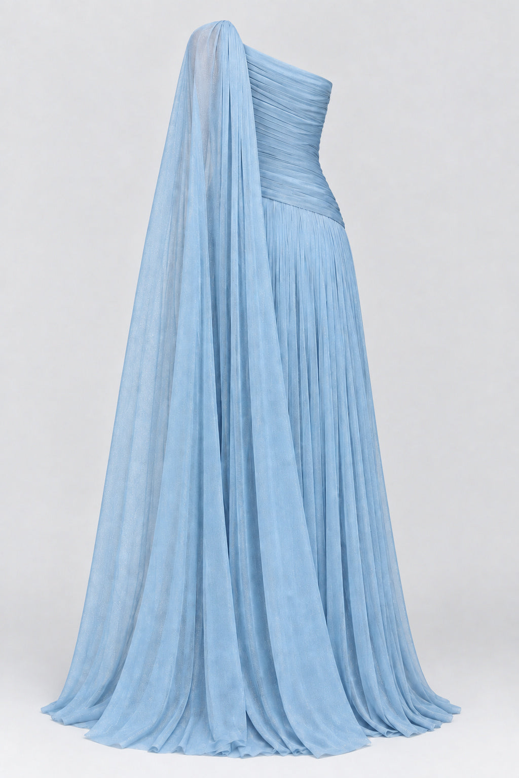 Elorine One Shoulder Ruched Glitter Tulle Maxi Dress with Cape - Blue_-_selmori.com_-_04