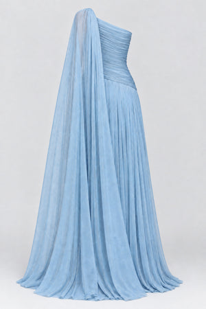 Elorine One Shoulder Ruched Glitter Tulle Maxi Dress with Cape - Blue_-_selmori.com_-_04