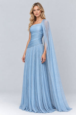 Elorine One Shoulder Ruched Glitter Tulle Maxi Dress with Cape - Blue_-_selmori.com_-_05