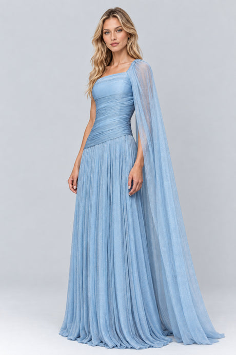 Elorine One Shoulder Ruched Glitter Tulle Maxi Dress with Cape - Blue_-_selmori.com_-_05