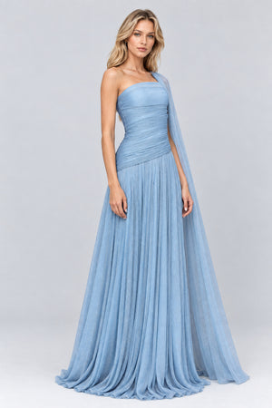 Elorine One Shoulder Ruched Glitter Tulle Maxi Dress with Cape - Blue_-_selmori.com_-_06