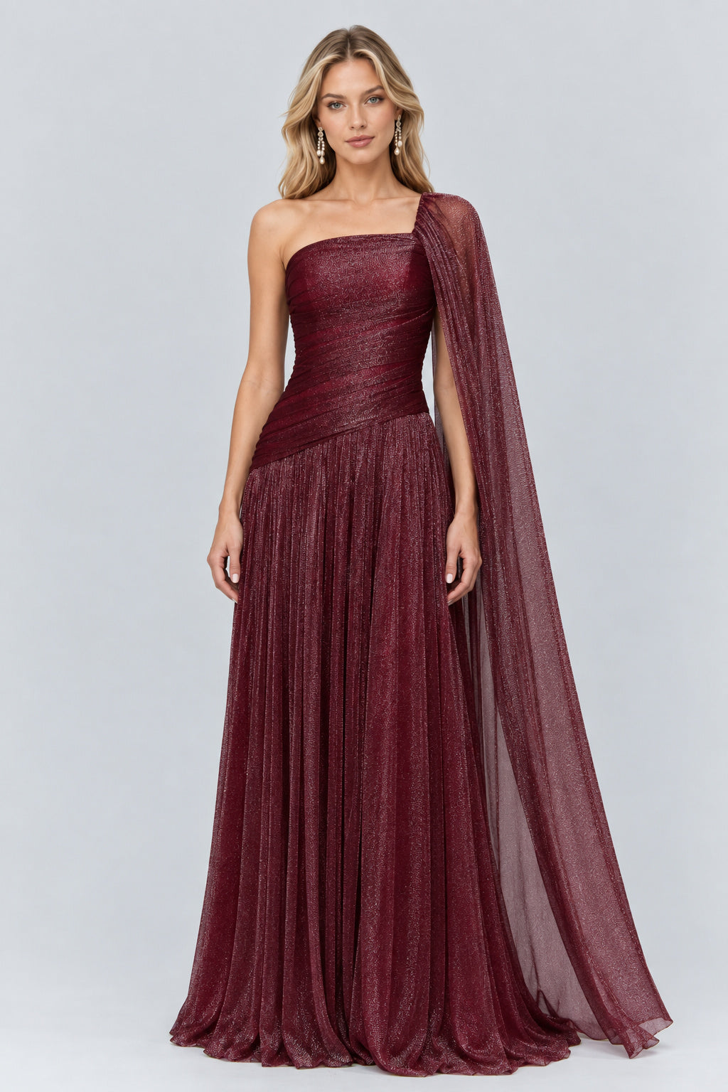 Elorine One Shoulder Ruched Glitter Tulle Maxi Dress with Cape - Burgundy_-_selmori.com_-_01