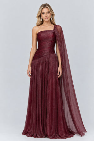 Elorine One Shoulder Ruched Glitter Tulle Maxi Dress with Cape - Burgundy_-_selmori.com_-_01