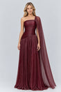 Elorine One Shoulder Ruched Glitter Tulle Maxi Dress with Cape - Burgundy_-_selmori.com_-_01