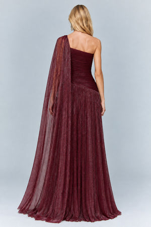 Elorine One Shoulder Ruched Glitter Tulle Maxi Dress with Cape - Burgundy_-_selmori.com_-_02