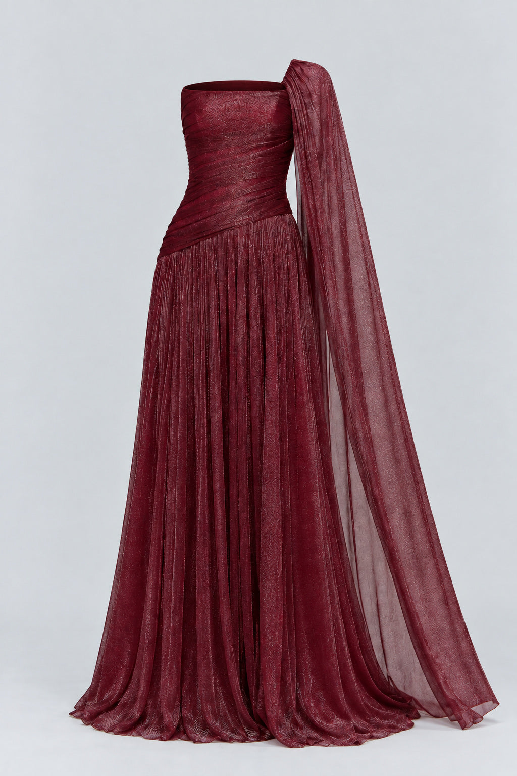 Elorine One Shoulder Ruched Glitter Tulle Maxi Dress with Cape - Burgundy_-_selmori.com_-_03