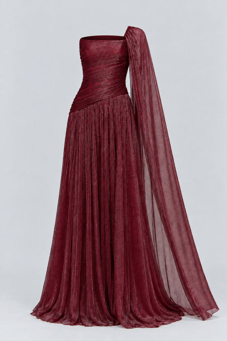 Elorine One Shoulder Ruched Glitter Tulle Maxi Dress with Cape - Burgundy_-_selmori.com_-_03