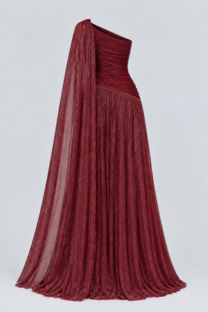 Elorine One Shoulder Ruched Glitter Tulle Maxi Dress with Cape - Burgundy_-_selmori.com_-_04
