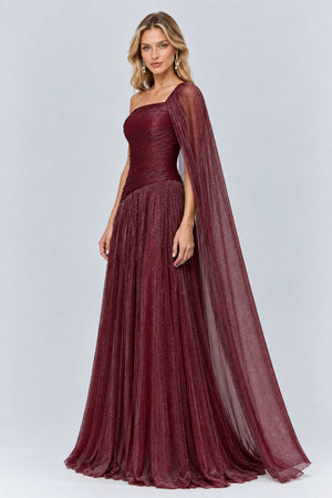 Elorine One Shoulder Ruched Glitter Tulle Maxi Dress with Cape - Burgundy_-_selmori.com_-_05