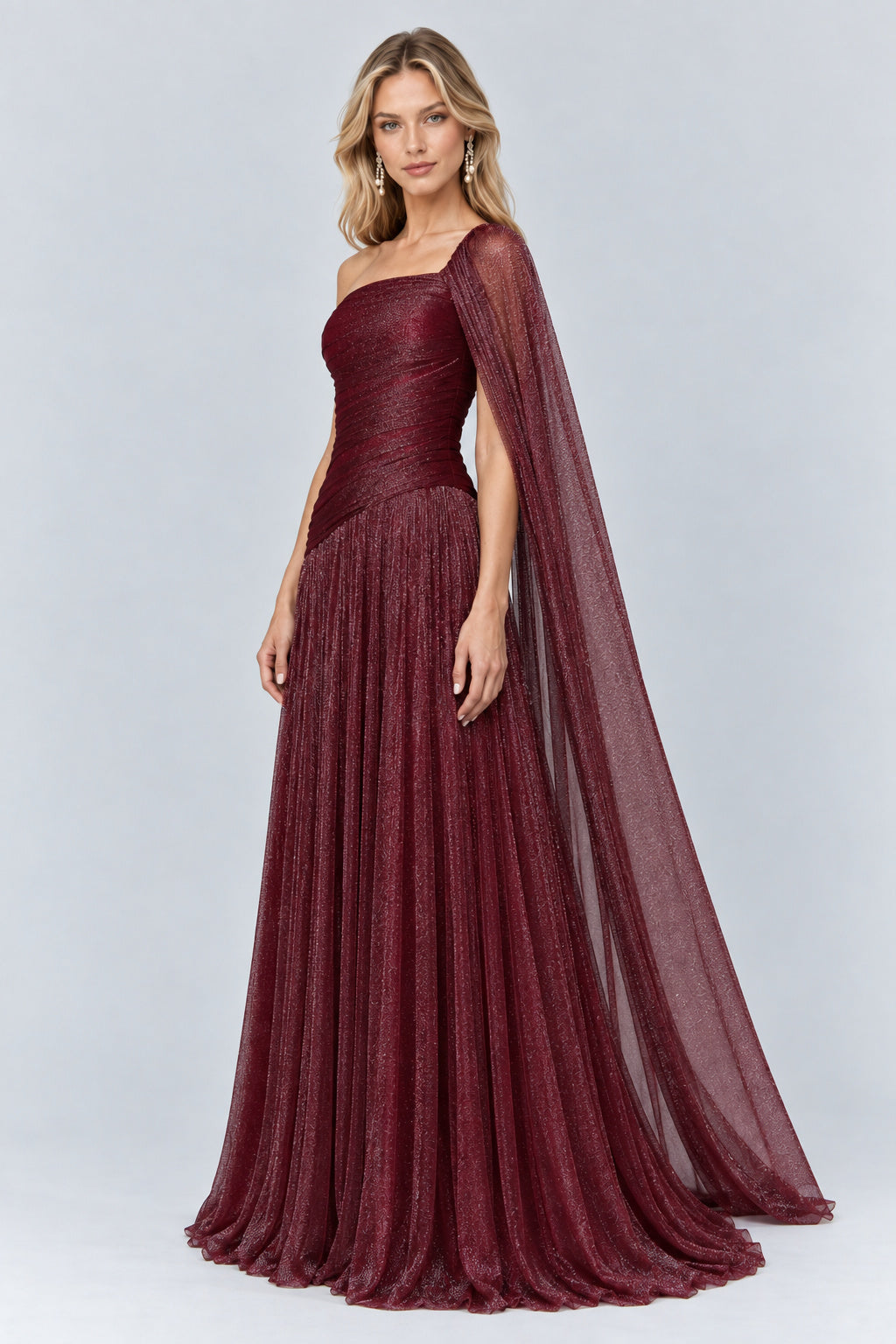 Elorine One Shoulder Ruched Glitter Tulle Maxi Dress with Cape - Burgundy_-_selmori.com_-_06