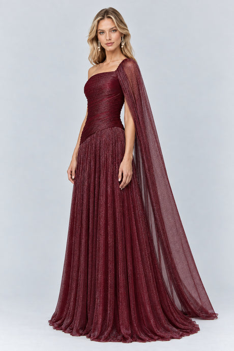 Elorine One Shoulder Ruched Glitter Tulle Maxi Dress with Cape - Burgundy_-_selmori.com_-_06