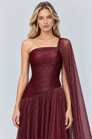 Elorine One Shoulder Ruched Glitter Tulle Maxi Dress with Cape - Burgundy_-_selmori.com_-_07