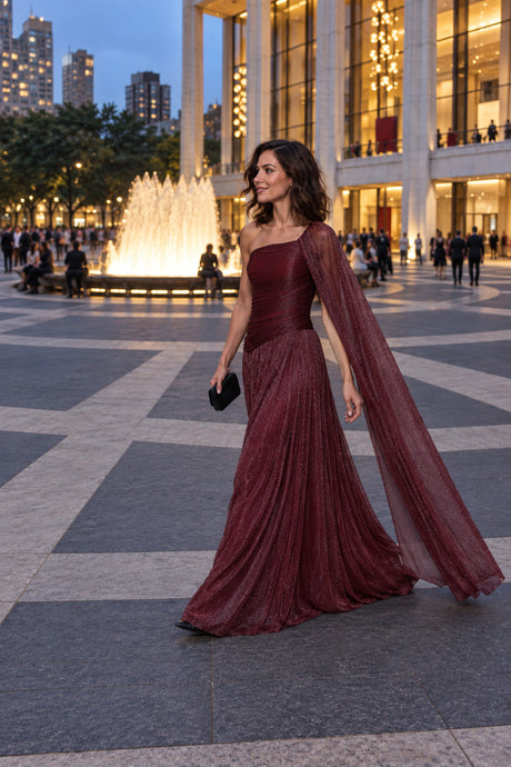 Elorine One Shoulder Ruched Glitter Tulle Maxi Dress with Cape - Burgundy_-_selmori.com_-_08