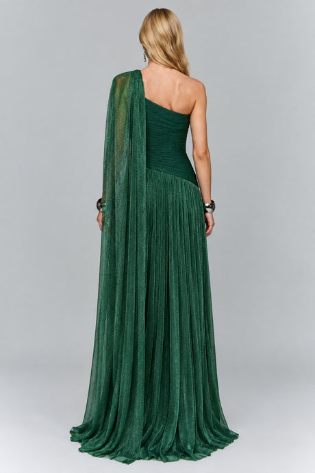 Elorine One Shoulder Ruched Glitter Tulle Maxi Dress with Cape - Emerald Green_-_selmori.com_-_02
