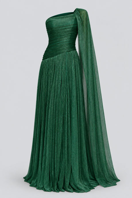 Elorine One Shoulder Ruched Glitter Tulle Maxi Dress with Cape - Emerald Green_-_selmori.com_-_03