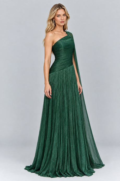 Elorine One Shoulder Ruched Glitter Tulle Maxi Dress with Cape - Emerald Green_-_selmori.com_-_06