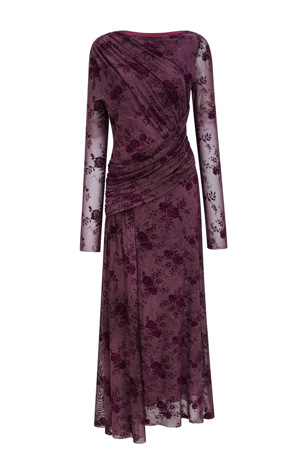Fleuriane Bateau-Neck Flocked-Floral Mesh Ruched Maxi Dress - Burgundy_-_selmori.com_-_03