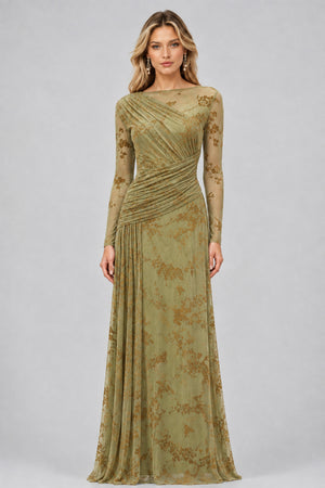 Fleuriane Bateau-Neck Flocked-Floral Mesh Ruched Maxi Dress - Green_-_selmori.com_-_01