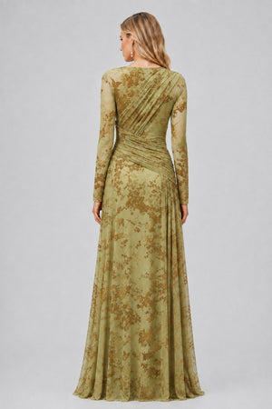 Fleuriane Bateau-Neck Flocked-Floral Mesh Ruched Maxi Dress - Green_-_selmori.com_-_02
