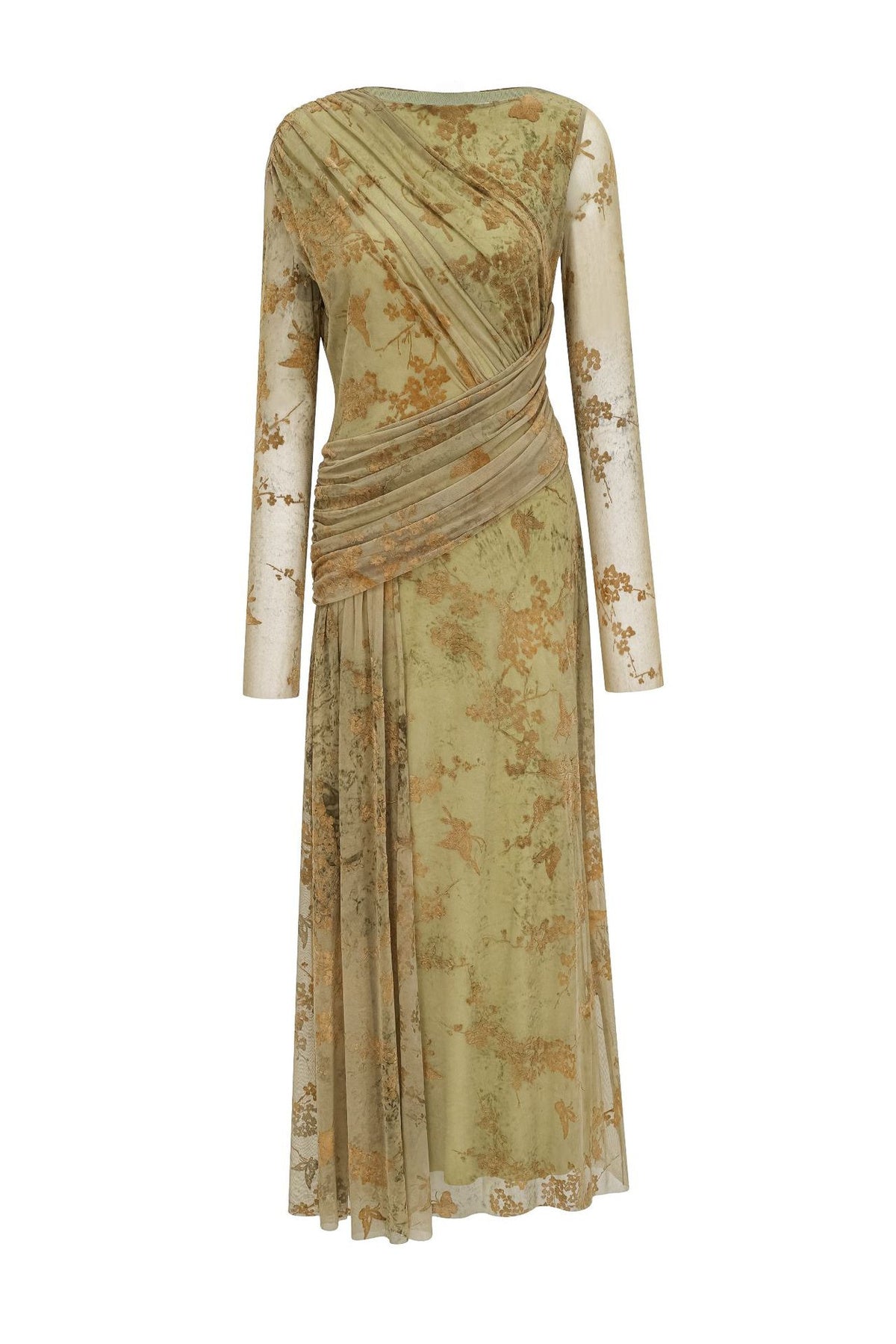 Fleuriane Bateau-Neck Flocked-Floral Mesh Ruched Maxi Dress - Green_-_selmori.com_-_03