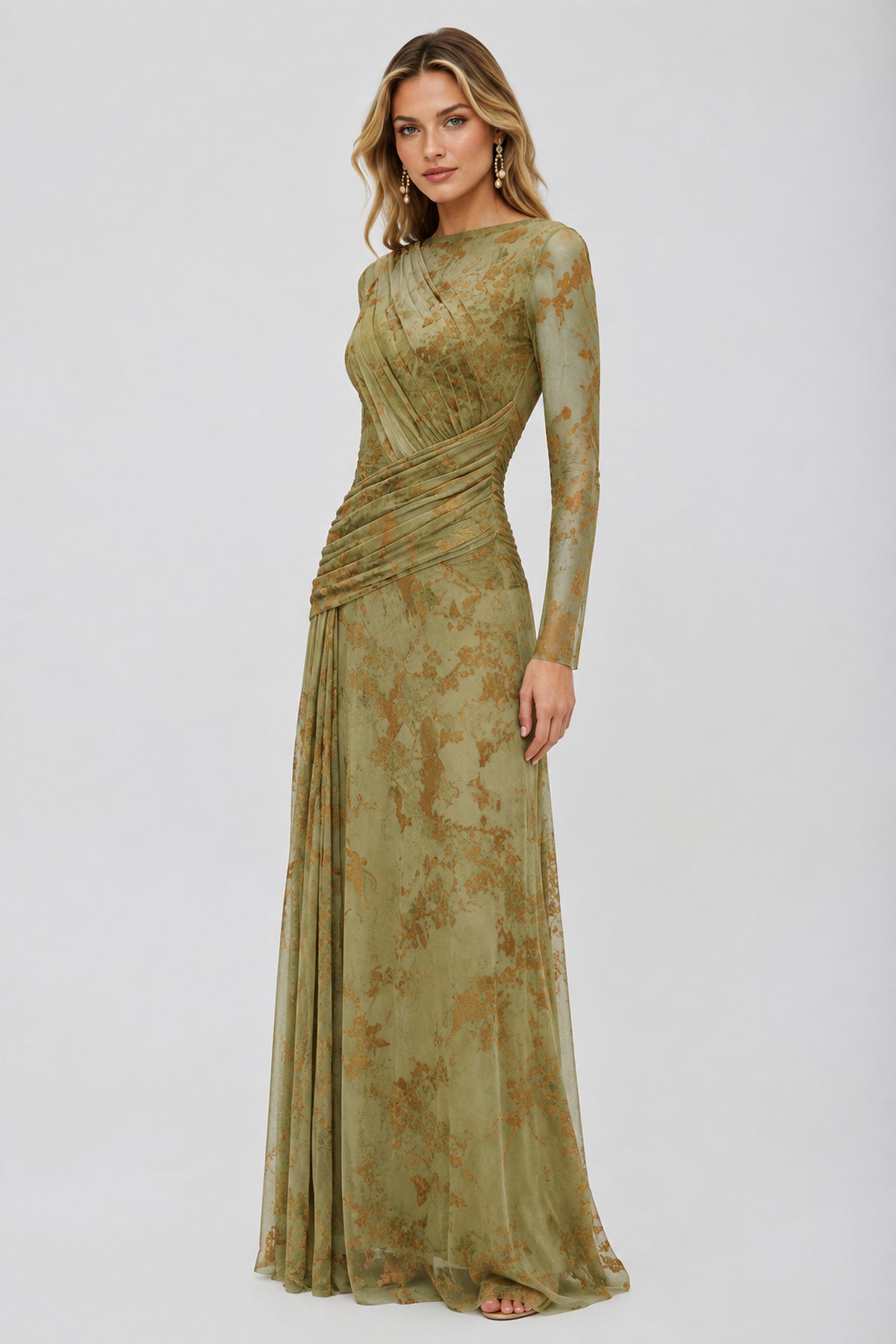 Fleuriane Bateau-Neck Flocked-Floral Mesh Ruched Maxi Dress - Green_-_selmori.com_-_05