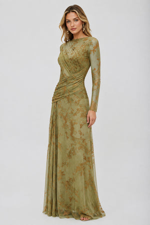 Fleuriane Bateau-Neck Flocked-Floral Mesh Ruched Maxi Dress - Green_-_selmori.com_-_05