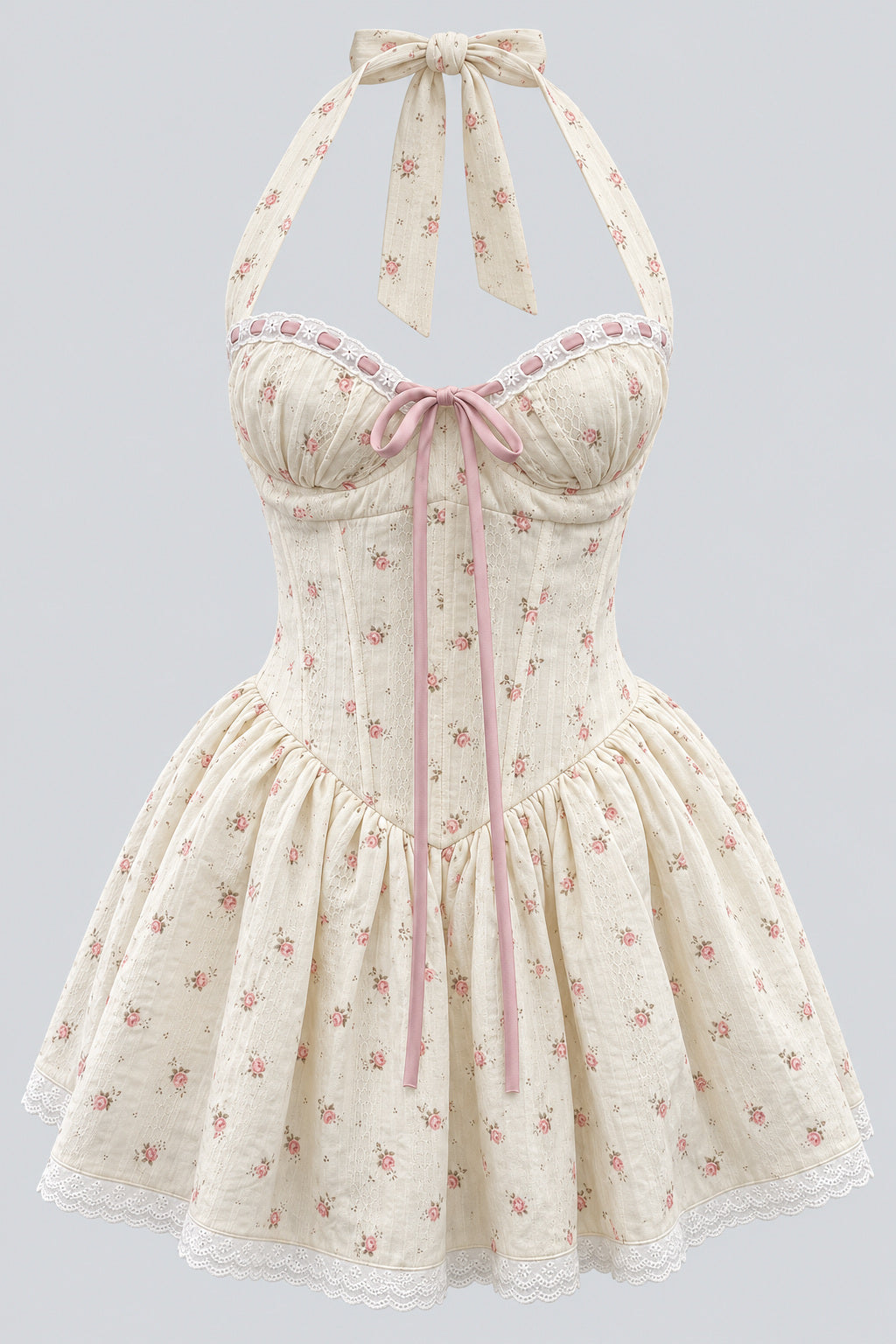 Floravienne Floral Halter Corset Mini Dress - White_-_selmori.com_-_03
