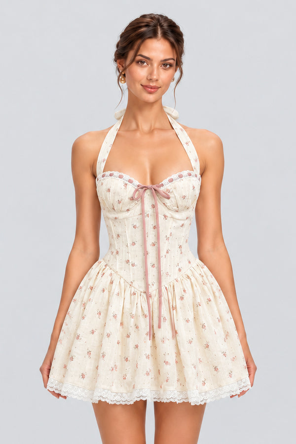 Floravienne Floral Halter Corset Mini Dress - White_-_selmori.com_-_07