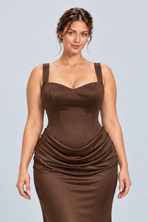 Hortense Plus Size Ruched Corset Maxi Dress - Brown_-_selmori.com_-_07