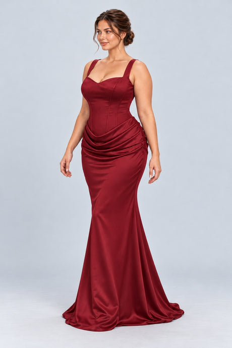 Hortense Plus Size Ruched Corset Maxi Dress - Red_-_selmori.com_-_05