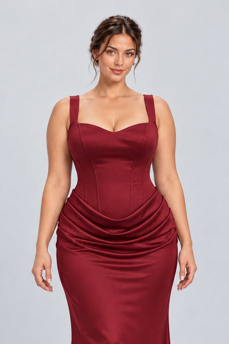 Hortense Plus Size Ruched Corset Maxi Dress - Red_-_selmori.com_-_07