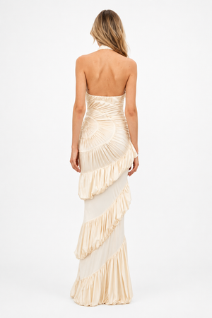 Illusion Halter Neck Pleated Maxi Dress