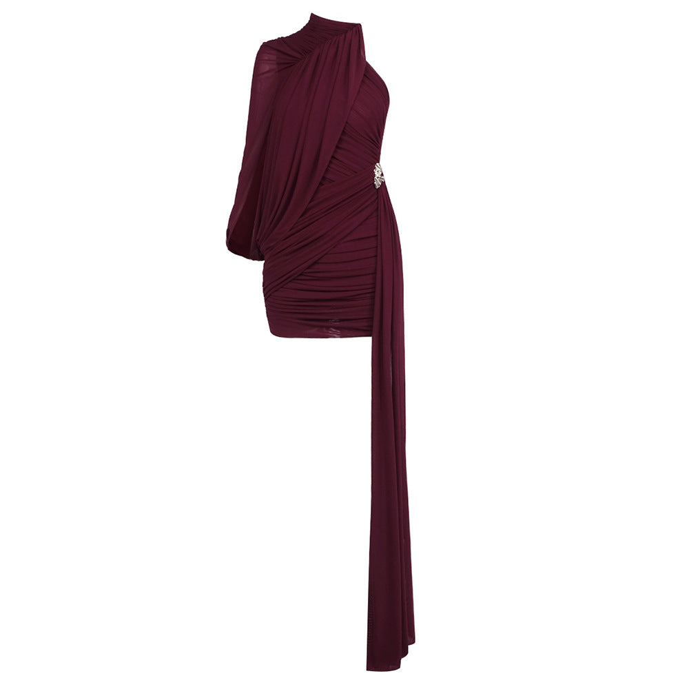 Instinct One Shoulder Draped Ruched Mini Dress Burgundy