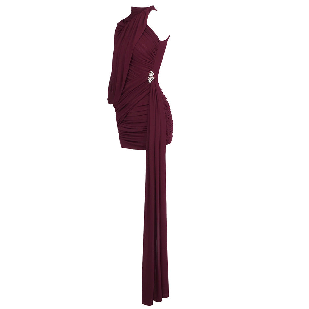 Instinct One Shoulder Draped Ruched Mini Dress Burgundy