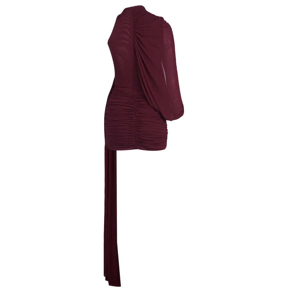 Instinct One Shoulder Draped Ruched Mini Dress Burgundy