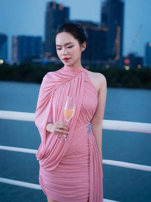 Instinct One Shoulder Draped Ruched Mini Dress Pink