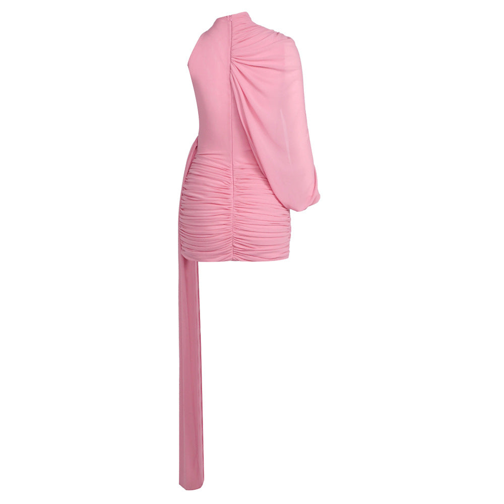 Instinct One Shoulder Draped Ruched Mini Dress Pink