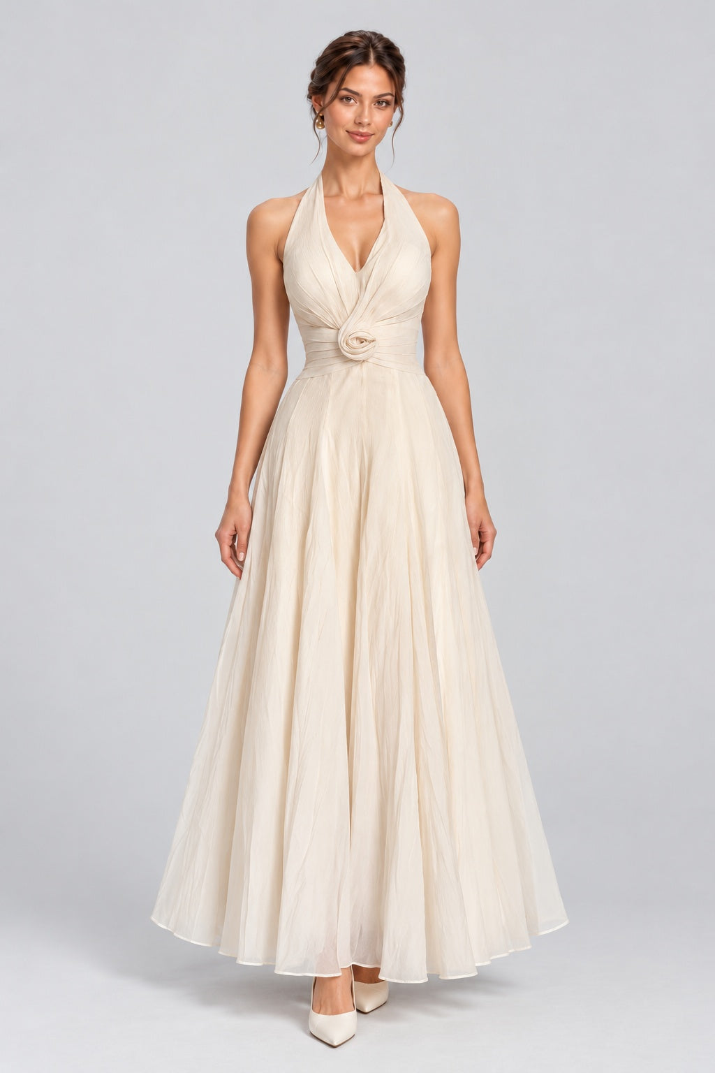 Isabeau Halter Rosette Waist Maxi Dress - White_-_selmori.com_-_01