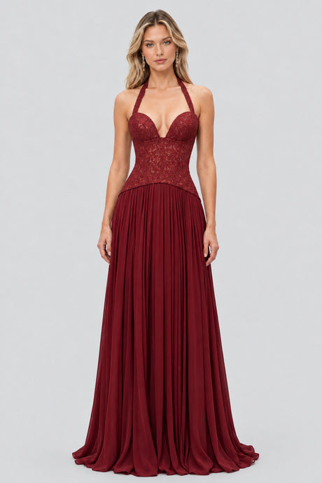 Isaline Halter Lace Corset Maxi Dress - Burgundy_-_selmori.com_-_01