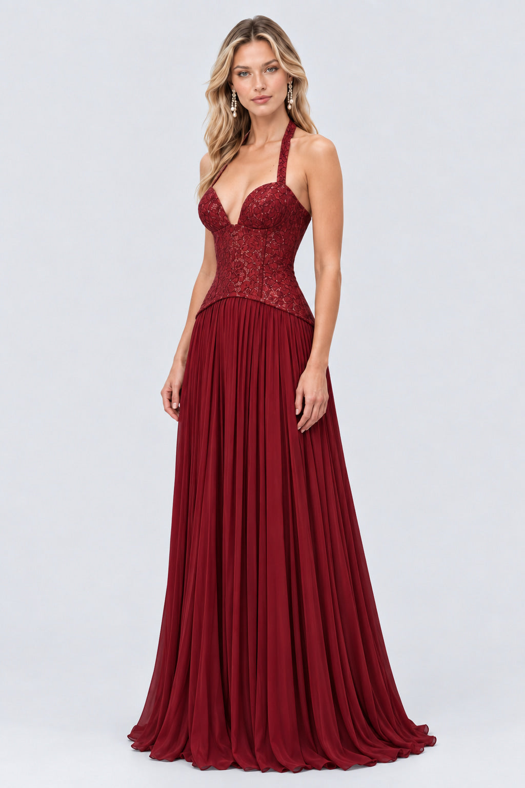 Isaline Halter Lace Corset Maxi Dress - Burgundy_-_selmori.com_-_05