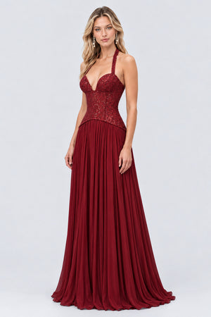 Isaline Halter Lace Corset Maxi Dress - Burgundy_-_selmori.com_-_05