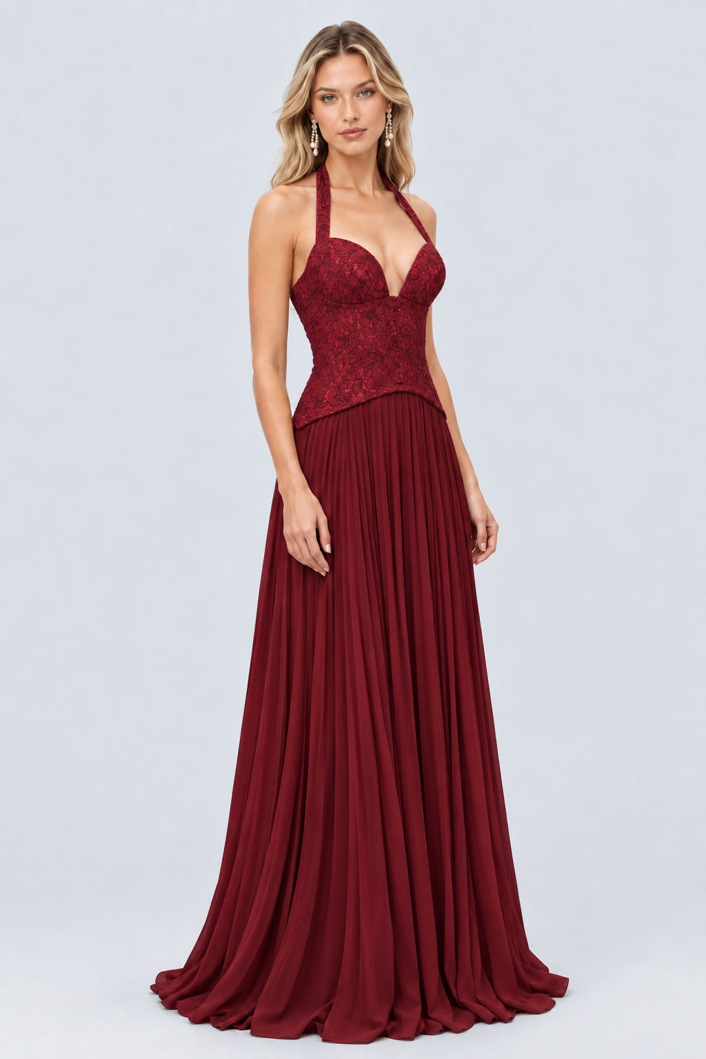 Isaline Halter Lace Corset Maxi Dress - Burgundy_-_selmori.com_-_06