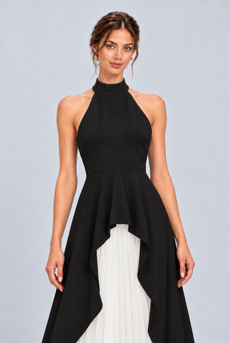 Juliette Halterneck Layered Maxi Dress - Black - Back ghost mannequin