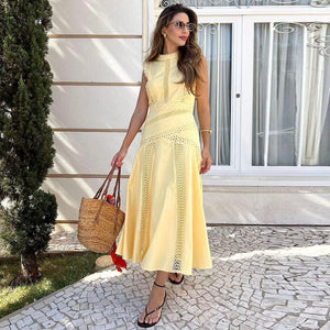 Léandra Lace Sleeveless High Neck A-Line Midi Dress