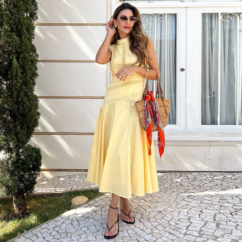 Léandra Lace Sleeveless High Neck A-Line Midi Dress